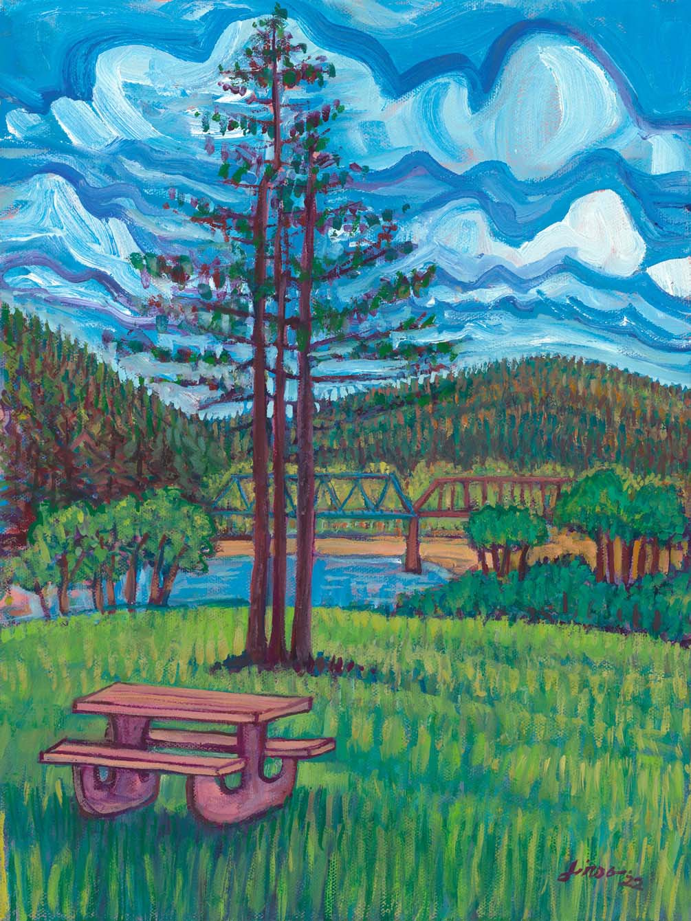 oil painting - Avenue of the Giants: two redwood trees in a field with a picnic table in the foreground and train tressel bridget over water with hills in the background