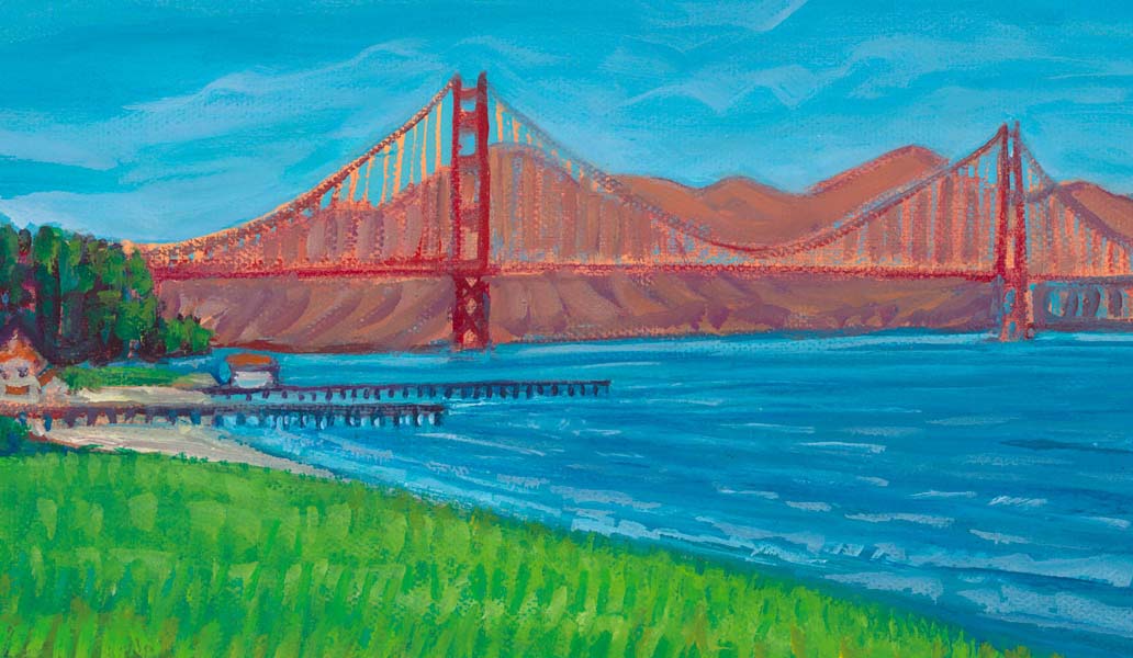 detail: oil painting of the Golden Gate Bridge
